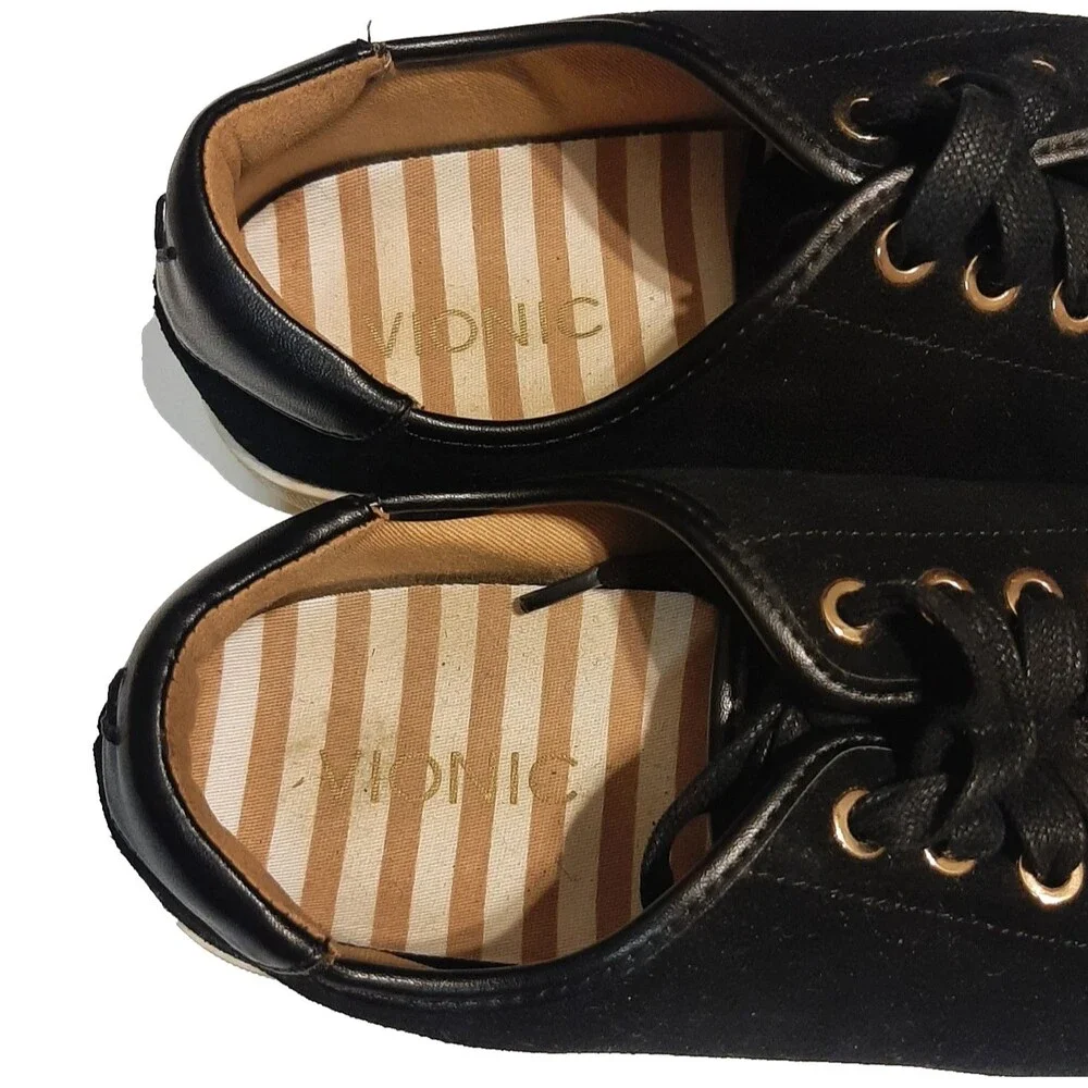 Vionic Brinley Shoes Women 8.5 Black White Suede Comfort Lace Up Casual Sneakers